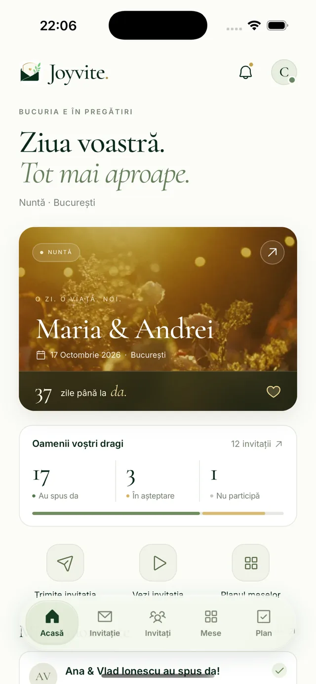 Aplicația Joyvite pe iPhone: ecranul Acasă, cu numărătoarea inversă și confirmările invitaților